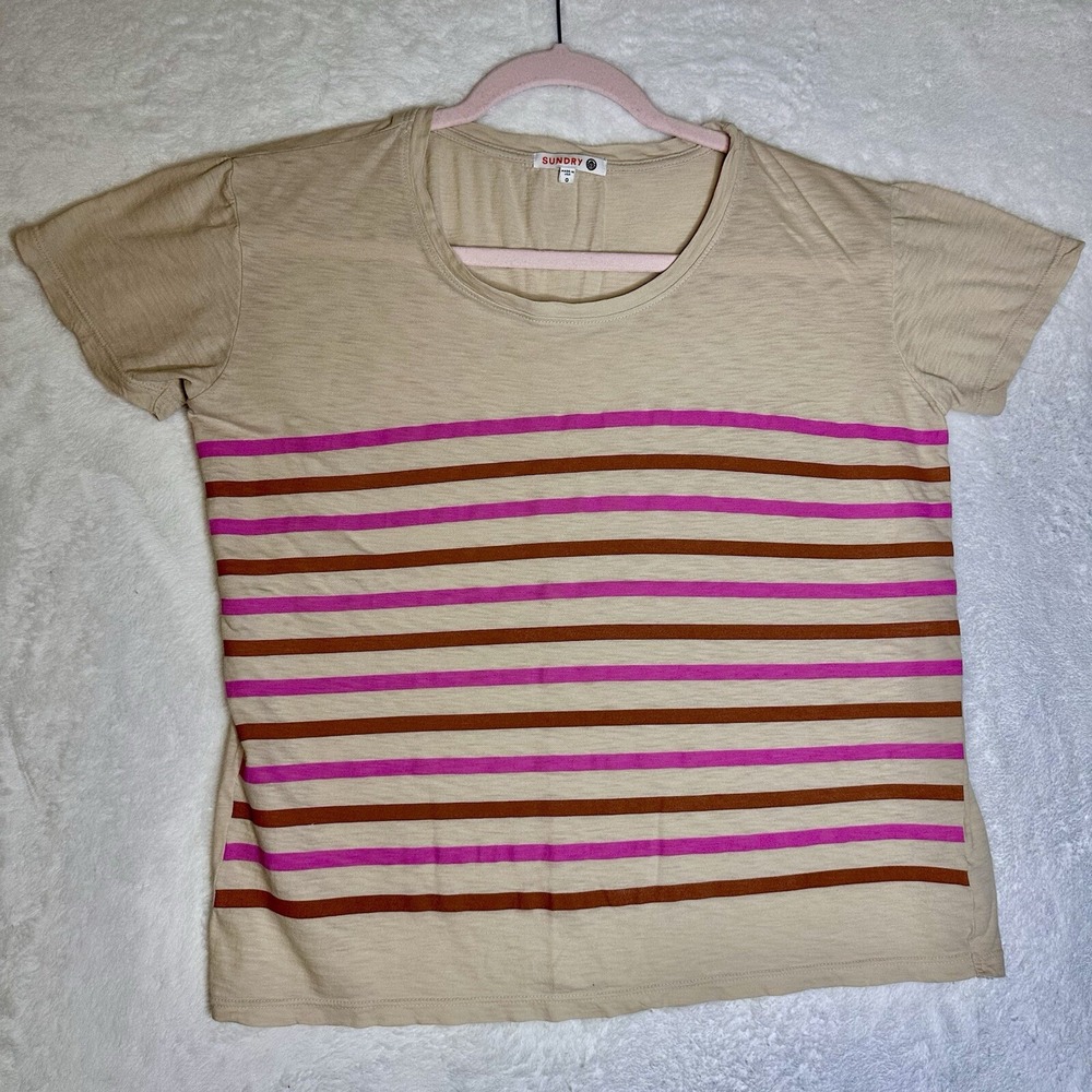 Sundry Womens T Shirt Size S 0 Stripes Short Sleeve Crew Neck Pink Brown‎